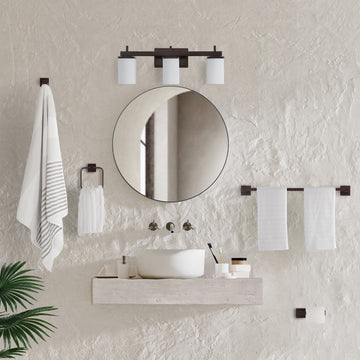 Caia 22.38" 3-Light Modern Contemporary Vanity Light with Frosted Glass Shades and Bathroom Hardware Accessory Set - JONATHAN Y